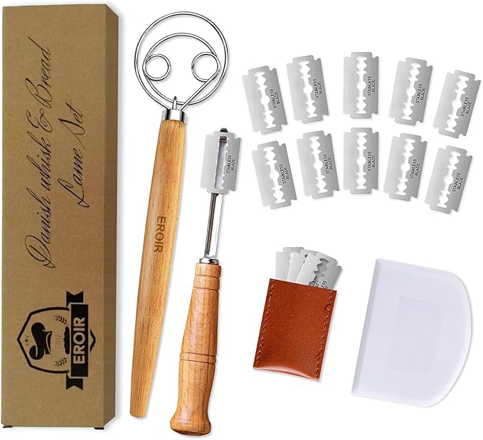 EROIR Danish Dough Whisk and Bread Lame Set - 13 Inch Dutch Bread Whisk - Bread Lame Dough Scoring Tool with 10 Razor Sharp Blades and Leather Cover
