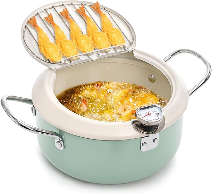 ZOOFOX Deep Fryer Pot with Thermometer, Japanese Frying Pot with Lid and Oil Drain Rack, Non-stick Tempura Fryer Pan for Kitchen French Fries, Chicken, Seafood