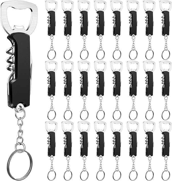 Ziliny 24 Pcs Bottle Opener Keychain Bulk Wine Bottle Beer Opener Keychain 3.27" Stainless Steel Corkscrew Waiter Corkscrew Wine Keyring Gifts for Christmas Bar Party Wedding Home (Black)