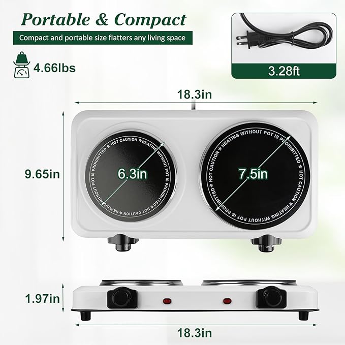 Electric Countertop Double Burner, 1800W Cooktop with Glass Hot Plate, Stepless Temperature Control, Easy to Clean, Indicator Lights, Compatible Cooking Stove for Office Home Camping RV