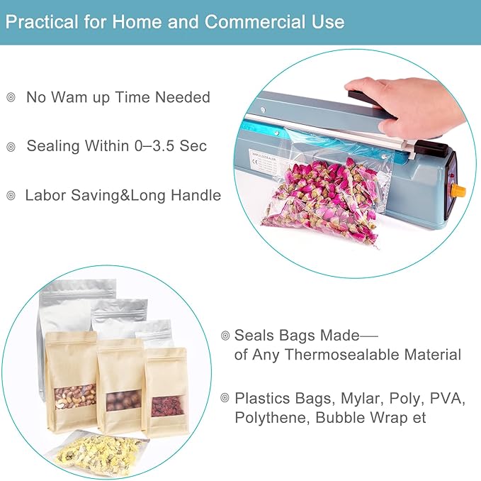 Impulse Sealer 16 inch Heat Sealer for Plastic Bags, Metal Plastic Bag Sealer Heat Seal, Mylar Bag Sealer, Manual Poly Bag Hot Seal Sealing Machine with 4 Repair Kit(2 Cutting Lines Included)