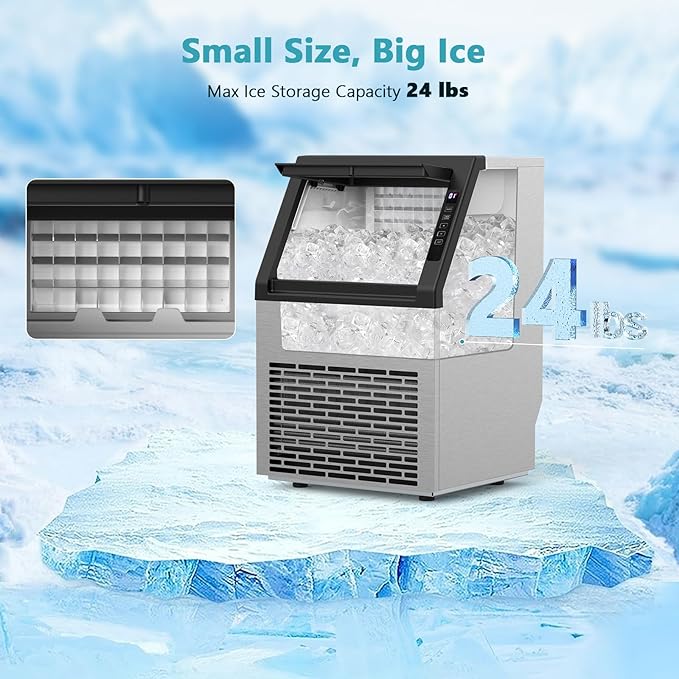 Electactic Commercial Ice Maker Machine,80lbs/24H Stainless Steel Ice Machine,24lbs Storage, Auto Self-Cleaning Freestanding Ice Maker, Ice Machine Freestanding for Bar/Cafe/Restaurant