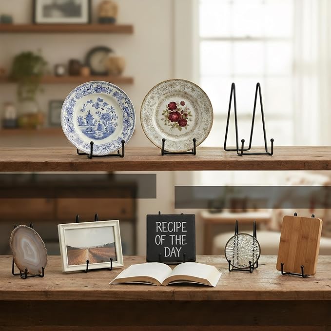Plate Stands Holder 3 Pack, Picture Frame Display for Bookcase, Photo on Table Top (Black, 6")