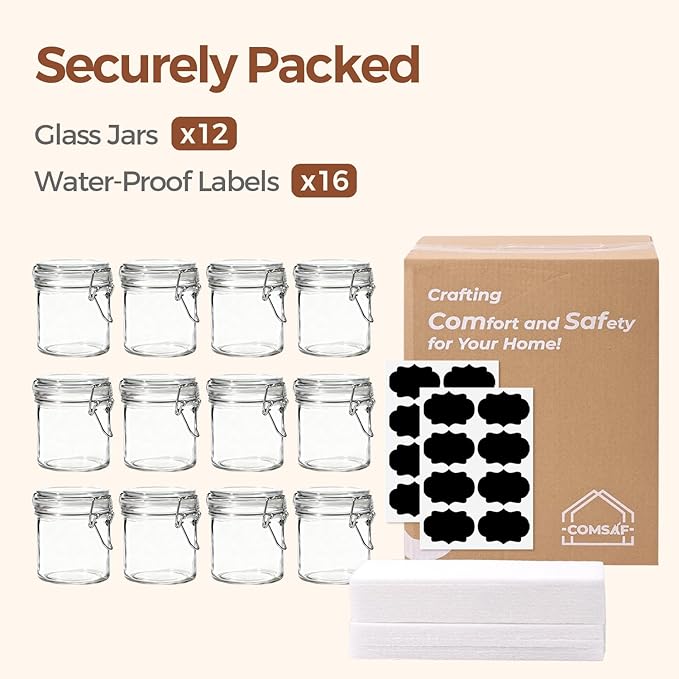 ComSaf 8oz Glass Jars with Airtight Lids (Value Pack of 12), Bulk Cylindrical Jelly Jars for Complete Pantry Organization, 240ml Small Canisters for Sourdough Discard, Spices, Crafts & More