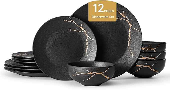 KINGSTONE Porcelain Dinnerware Sets for 4 Plates and Bowls Sets 12 Piece Matte Black Gold Vein Dish Set Scratch Resistant Dinner Salad Plate Dishware for Family Wedding Party Daily