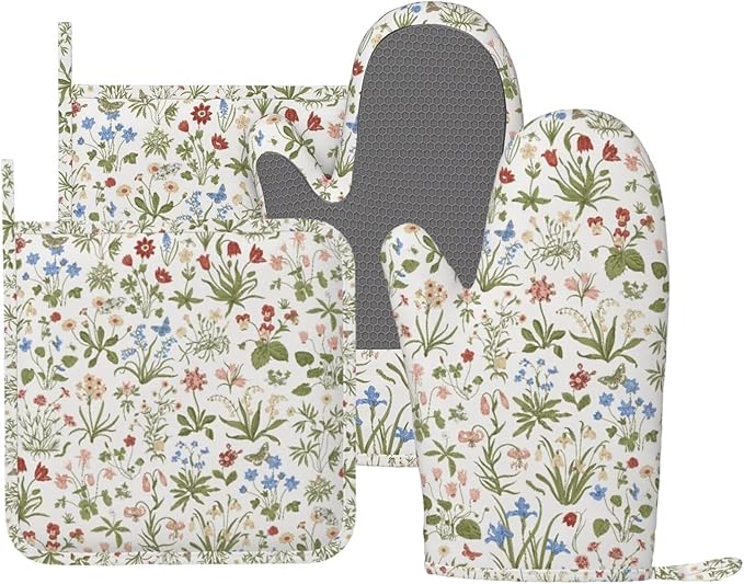 Vintage Wildflowers Botanical Oven Mitts and Pot Holders Sets Silicone Florals Kitchen Oven Mitts Hot Pads Heat Resistant Flowers Potholders Kitchen Mitts Set for Baking BBQ Cooking