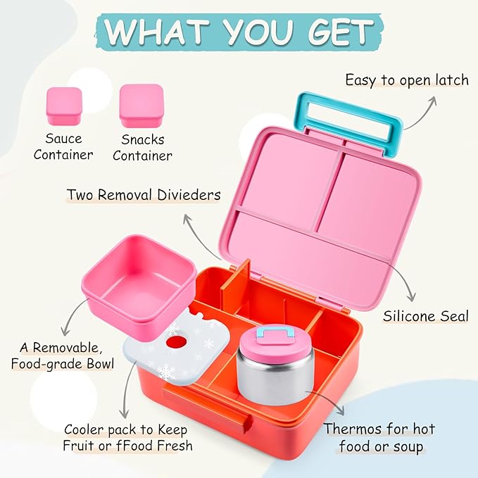 Bento Lunch Box for Kids with 8oz Soup Thermo Leak-Proof Lunch Food Containers with Snack Sauce Container for Kid Girls Boys to School,Pink