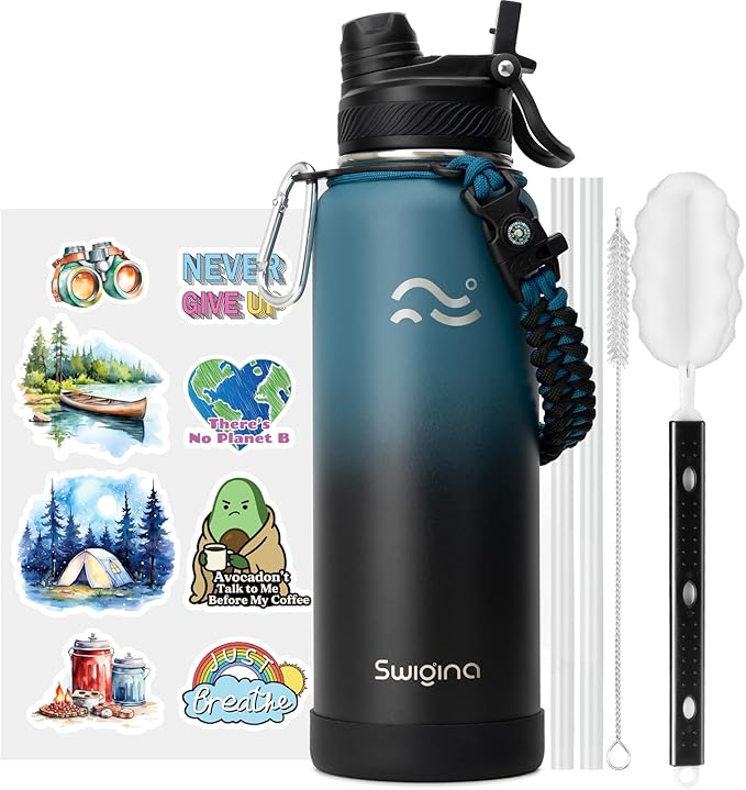 Swigina [2-IN-1 LID] Insulated Water Bottle with Silicone Boot (36hrs Cold/18hrs Hot) - DIY Stickers, Leakproof, BPA Free, 40 oz
