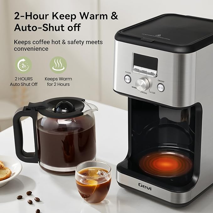 Gevi 14-Cup Programmable Coffee Maker, Drip Coffee Machine with Normal & Strong Brew for Home and Office, Glass Carafe, 2-Hour Keep Warm, Pause & Serve, Auto Shut Off, Silver