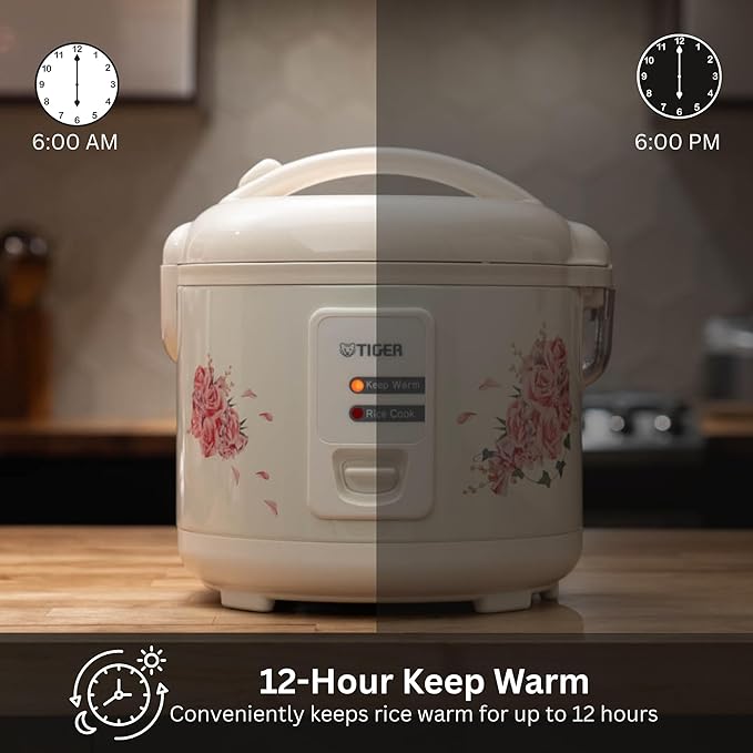 Tiger JAZ-A10U-LF 5.5 Cup Capacity White Rice Cooker with Non-Stick Inner Pot, Retractable Power Cord, and Keep Warm up to 12 hours (Flower)