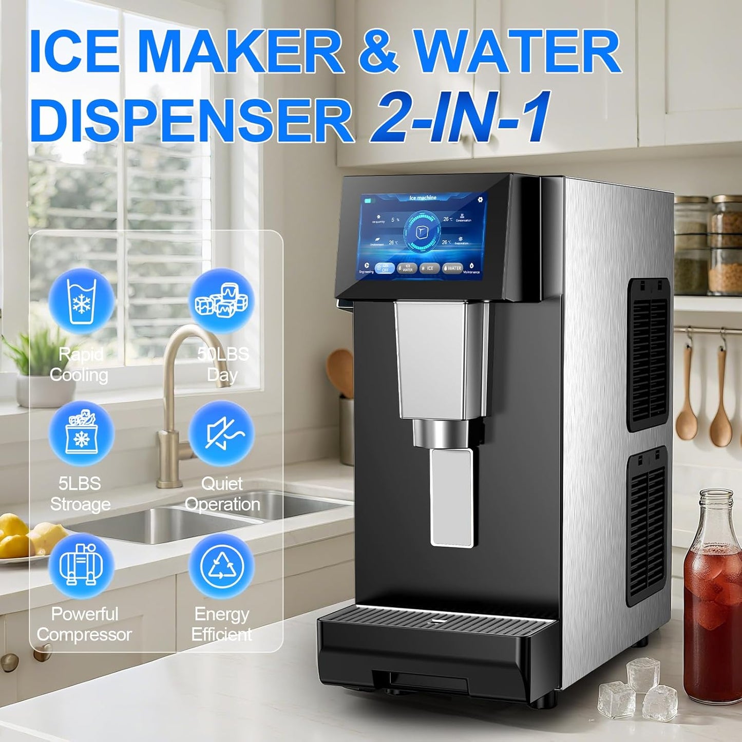 Undercounter Nugget Ice Maker with Water Dispenser – 60 lbs/Day, 10 lbs Bin, Soft Chewable Ice Machine, Self-Cleaning Stainless Steel Ice Machine Maker for Home, Bar, Kitchen, Office