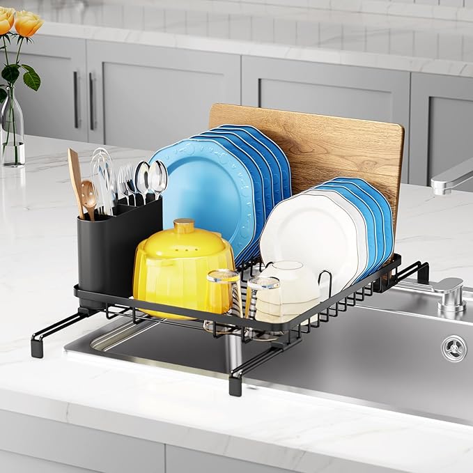 Urackify Over The Sink Dish Drying Rack, in Sink Dish Rack with Expandable Feet, Small Dish Drainer, Home Plate Dryer Storage Rack with Cutlery Holder, Black
