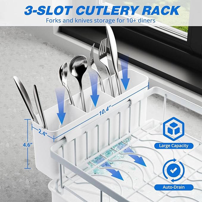 Godboat Dish Drying Rack, 2-Tier Dish Rack with Auto-Drain & Mat, Dish Racks for Kitchen Counter, Dish Drainer with Knife, Fork & Cup Rack, Gifts for Women, Mothers Day, Kitchen Gadgets, White