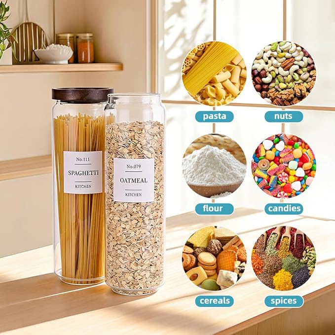 Tzerotone Glass Pantry Storage Jars with Acacia Airtight Lid, 50 OZ Kitchen Canisters with Wood Lid and 132 Pantry Labels, Food Storage Containers Set of 3