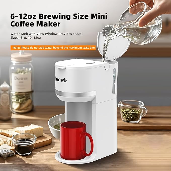 Horavie Mini Single Serve Coffee Maker for K-Cup Pod and Ground Coffee, Fast Brew One Cup Coffee Machine with Descaling Reminder and Viewing Tank, 6 to 12 oz. Brew Sizes, White