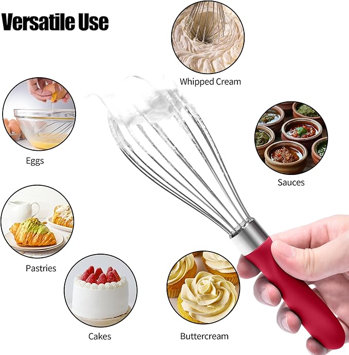 18/8 Stainless Steel Balloon Whisk, Doosu Kitchen Whisk for Cooking Handheld Egg Beater with Rust-Proof Sturdy Wires & Non-Slip Silicone Handle for Beating, Stirring, Blending (6 Wires, Red)