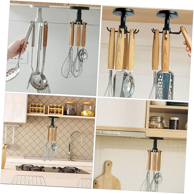 3pcs Kitchen Utensil Hooks Set with Rotating Under Cabinet Hanging Rack, Black Plastic Multi-Functional Wall Hook for Kitchen Storage and Organization