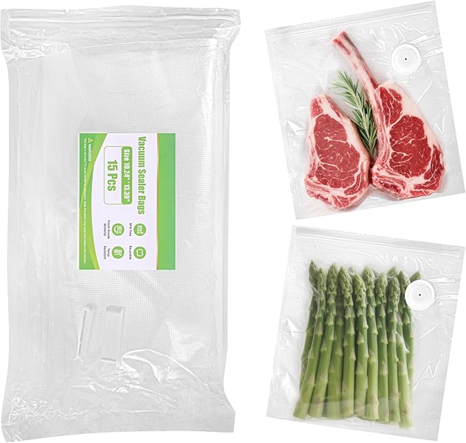 Vacuum Sealer Bags, Reusable Vacuum Zipper Bag, BPA Free Heavy Duty Vacuum Storage Bag for Food 15 Bags (15 Large Bags (10.24x13.39 in))