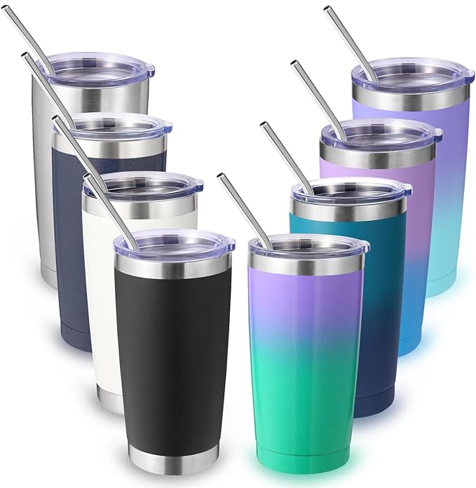 Volhoply 20oz Stainless Steel Tumbler with Lid and Straw Bulk 8 Pack,Double Wall Insulated Travel Iced Coffee Mug Fits Cup Holder,Powder Coated Cups for Hot/Cold Drinks,Christmas Gifts（Assorted,8 Set）