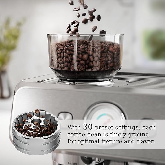 Kismile Espresso Machine with Grinder, 20 Bar Expresso Coffee Machines with Milk Frother, 58mm Expresso Machines for Home, Perfect for Cappuccino & Latte, Silver