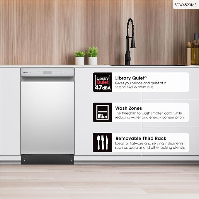 Sharp SDW4523MS 18-Inch Built-In Dishwasher, Stainless Steel, 47 dB, Third Rack, 8 Place Settings, 6 Wash Cycles