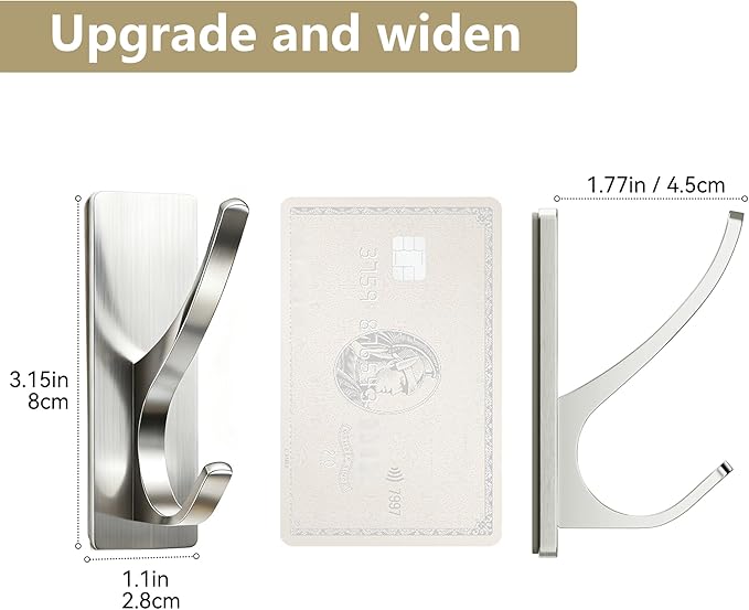 pickpiff Brushed Nickel Self Adhesive Coat Hooks for Hanging: 13LB Extra Strong Stainless Wall Hook for Towel, Utensil, Backpack, Hat, Sturdy Metal Hanger for Bathroom, Kitchen, Door, 6-Pack