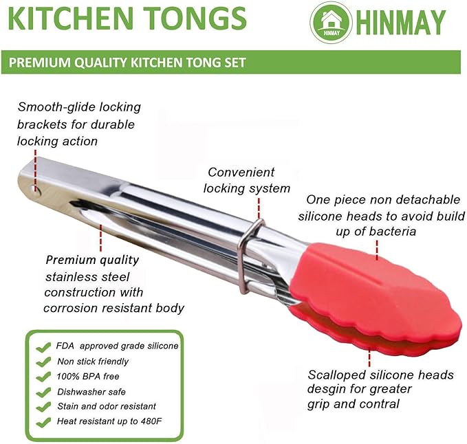 Small Tongs with Silicone Tips 7 Inch Kitchen Tongs, Set of 3 (Red)