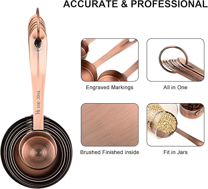 Smithcraft Measuring Cups and Spoons Set, Copper Measuring Cups and Spoons Set for Baking & Kitchen, Stainless Steel Measure Cup and Spoon for Dry &Liquid, Metal 7 Measure Cups&6 Spoons