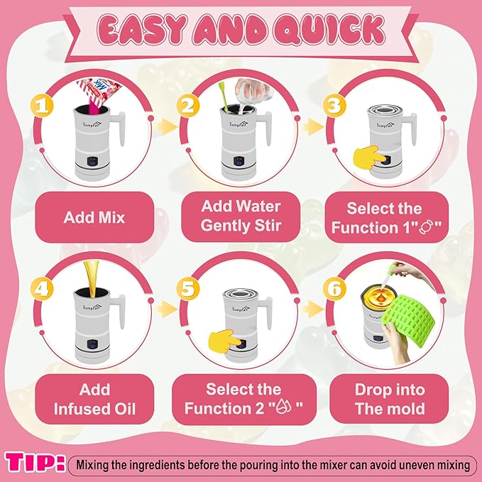 Gummy Maker Machine, Oil Infused Gummy Candy Maker, DIY Edible Gummy, Jelly & Pudding, Gummy Making Kit, , Include 1 Bear Mold, 1 Fruit Mold, 2 Dropper &1 Mixing Stick 5-Years Free Replacement (White)