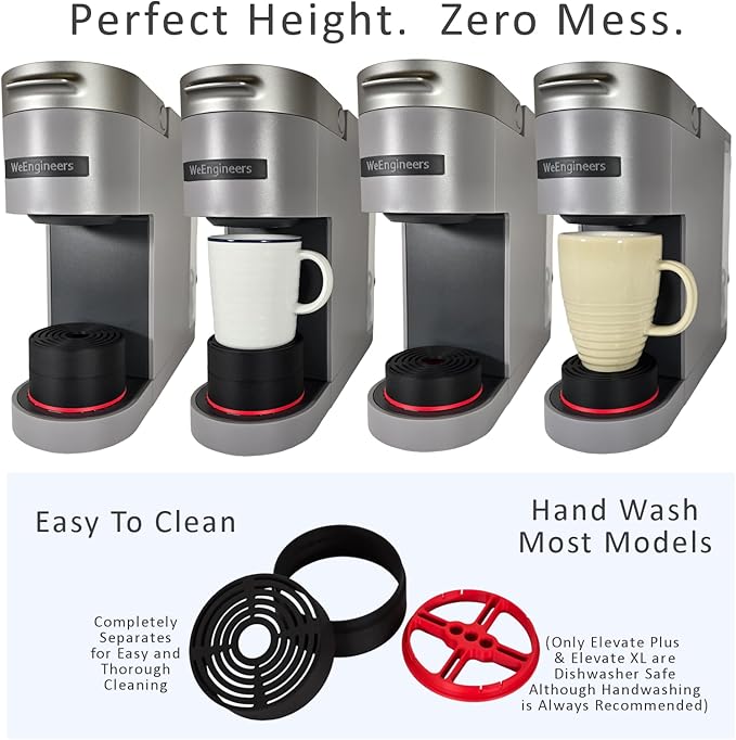 Elevate Anti-Splash Cup Riser Accessory for most Keurig K-cup, Cuisinart Single Serve, and other Coffee Makers, Adjustable for Cup Size and Drip Tray Type (Black with Red Base)