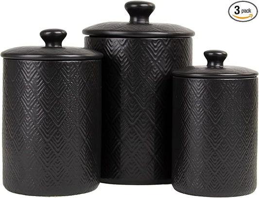 10 Strawberry Street Embossed Marquis Ceramic Kitchen Canister Set, Set of 3, Matte Black