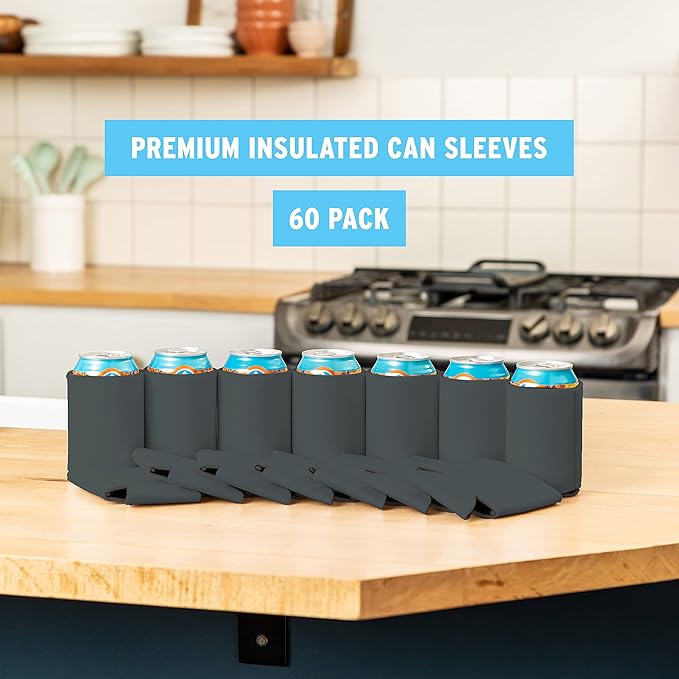 CURRENT CO. Blank Beer Can Cooler Sleeves (60-Pack) Soft Insulated Coolies - HTV Friendly Koolies in Bulk for Cans & Bottles Coolie Blanks Vinyl Projects Wedding Favors (Charcoal)