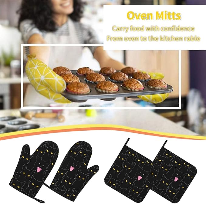 Fun Black Cat Oven Mitts and Pot Holders Set of 4 Silicone Heat Resistant Oven Mitten Potholders Non Slip Gloves Kitchen Decor for BBQ Cooking Grilling Baking