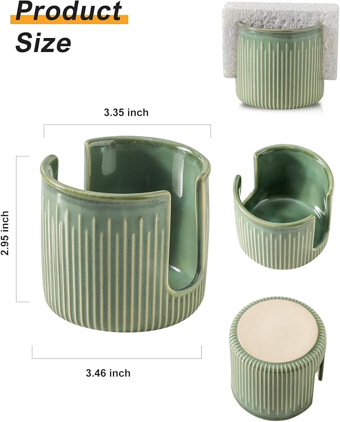 Ceramic Sponge Holder for Kitchen Sink, Scrub Sponge Dish Rack, Farmhouse Compact Sink Caddy Organizer, Glazed Green