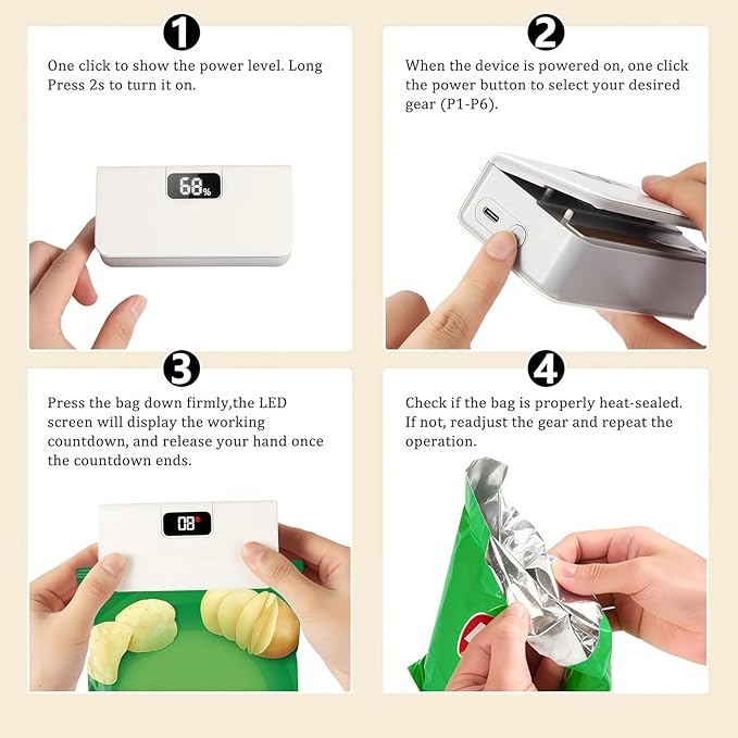 2026 New USB-C Rechargeable Mini Bag Sealer, One-Touch, Adjustable and Portable Freshness, 6-Level Adjustable Heat Sealer & Cutter, LED Display, Magnetic Base for Fridge & Kitchen (Mix)