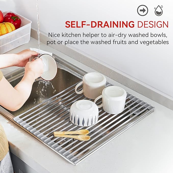 MERRYBOX Roll Up Dish Drying Rack, Over The Sink Dish Rack Foldable, Heat-Resistant, Anti-Slip Silicone Coated Steel Dish Drainer for Kitchen Sink, Multipurpose Roll Up Sink Drying Rack, 17.5" x 13"