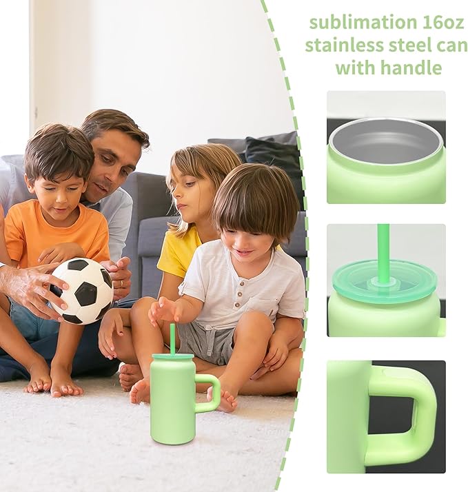 8 Pack 16 oz Sublimation Tumblers with Handle and Straw for Kids, Stainless Steel Sublimation Tumblers Bulk with Lids, Vacuum Insulated Iced Coffee Cups for DIY Craft Heat Press Print (Green,8 pack)