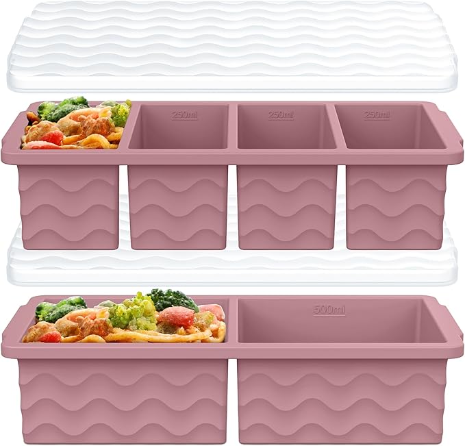 Silicone Freezer Molds for Soup with Lid, 1-Cup & 2-Cup Large Ice Cube Trays Food Storage Containers for Meal Prep, Freeze 500mL/250mL/125mL Portions – 2 Pack