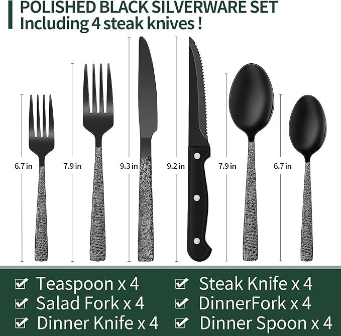 EWFEN 24-Piece Black Silverware Set with Steak Knives, Black Flatware Set for 4, Food-Grade Stainless Steel Tableware Cutlery Set, Mirror Finished Utensil Sets for Home Restaurant, Hammered Edge
