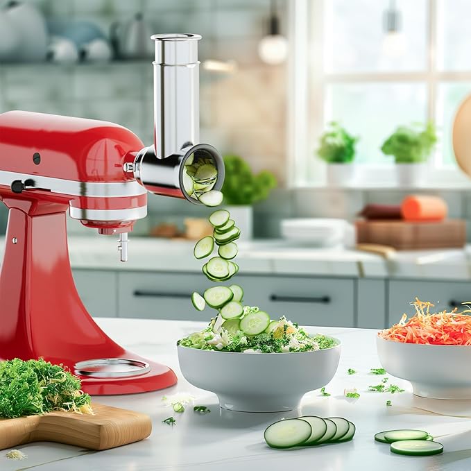 Stainless Steel Slicer Shredder Attachment for KitchenAid Stand Mixer, For Kitchenaid Cheese Grater Attachment, Salad Maker, Grinding Powder, Cheese Kitchenaid Attachment with 4 Blades