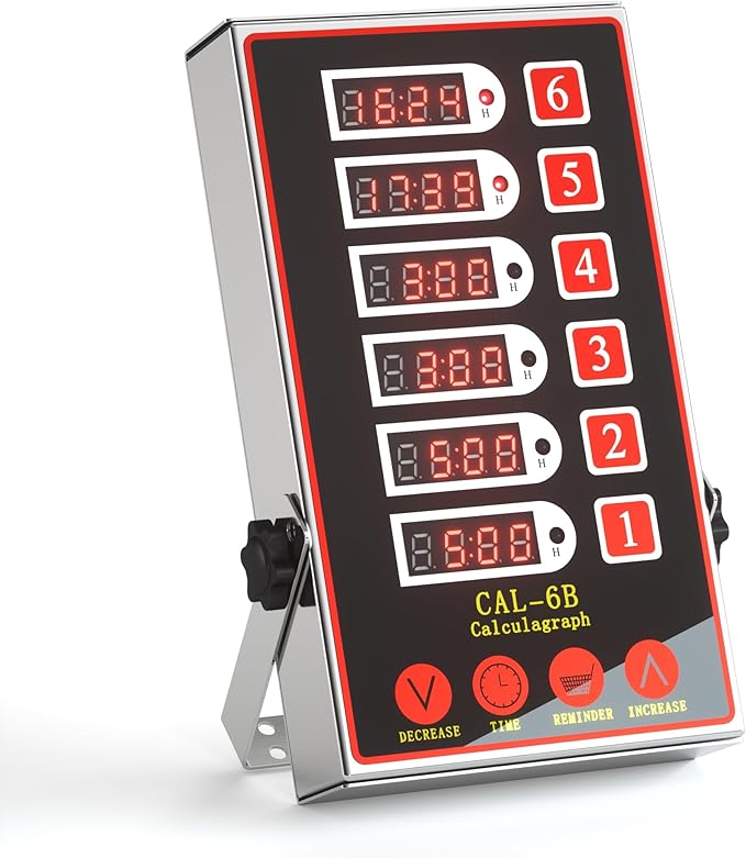 Commercial Kitchen Timer with 6 Channels, Professional LED Digital Timer for Cooking, Loud Alarm Volume +/-, Heavy Duty Stainless Steel Large Timers with Waterproof Panel & Memory Function