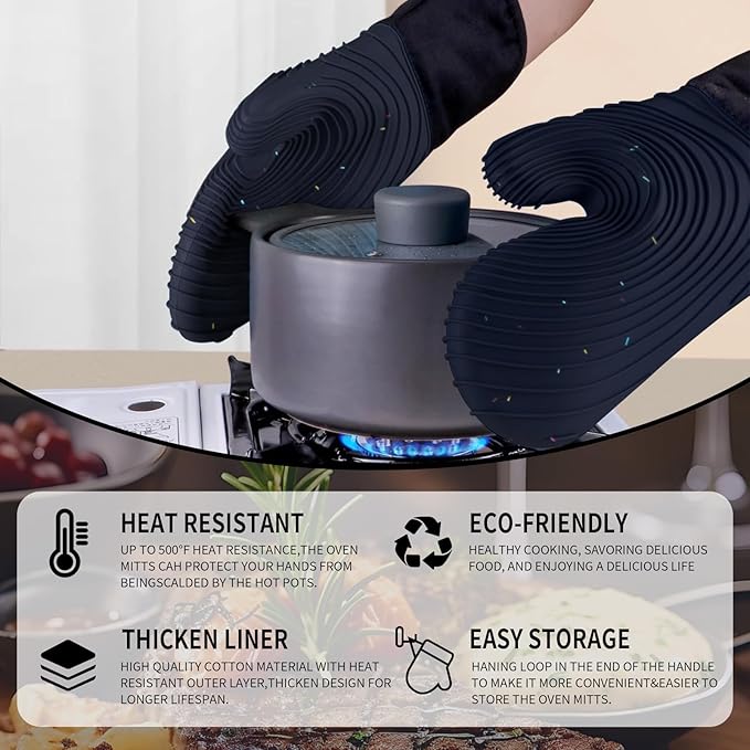 Silicone Oven Mitts,Cotton Lined Gloves, BPA-Free, Long Cooking Mitts and Trivet Mats, Oven Mitts Set for BBQ, 4 Pieces (Dark Grey)