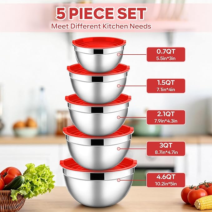 E-far Mixing Bowls With Lids Sets of 5, 10-Piece Stainless Steel Salad Metal Nesting Bowl for Baking Cooking and Prepping, Airtight Lid & Stackable Design, Size 4.6, 3, 2.1, 1.5, 0.7 QT, Red