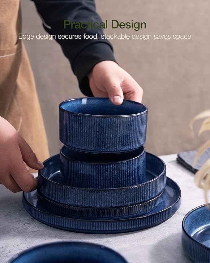 Famiware Star Dinnerware Set with Mugs, Service for 6 (24 Pieces), Ribbed Stoneware Plates and Bowls Dishes Sets - Chip & Scratch Resistant, Microwave & Dishwasher Safe, Nebulas Blue