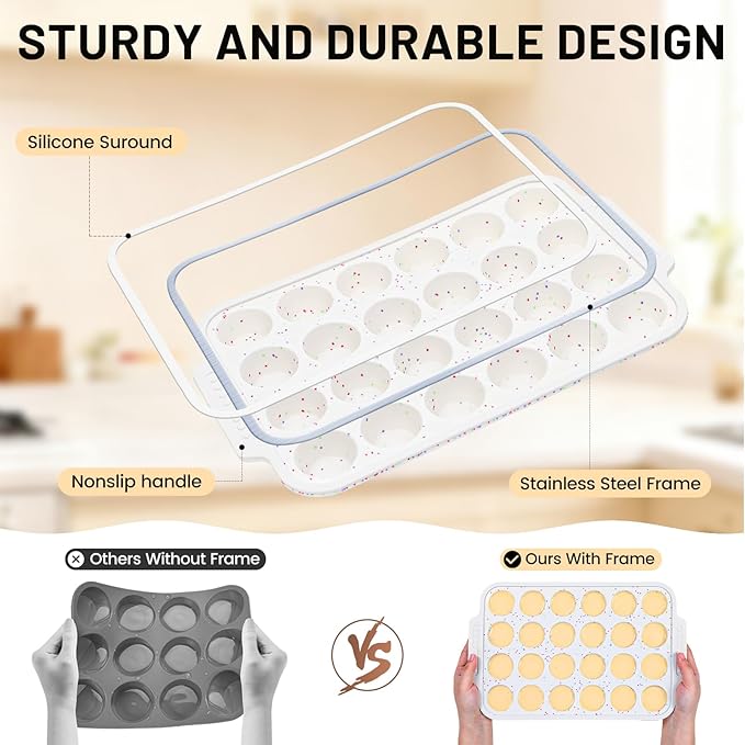 Vinino Silicone Mini Muffin Pan for Baking, 24 Cups Mini Cupcake Pan with Reinforced Frame, Nonstick Muffin Tray with Non-Slip Handle, Silicone Molds for Oven, BPA Free, Dishwasher Safe