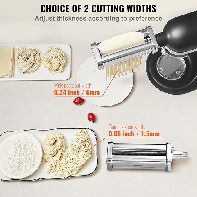 VEVOR Pasta Attachment for KitchenAid Stand Mixer, Stainless Steel Pasta Maker Attachment Includes Pasta Sheet Roller, Spaghetti Cutter, Fettuccine Cutter, 8 Adjustable Thickness Knob Pasta Maker 3Pcs