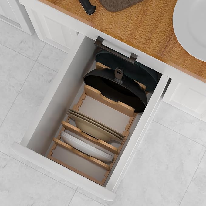 Pots and Pans Organizer Under Cabinet, Expandable Pot Lid Organizer, Bamboo Pan Organizer, Pot and Pan Organizer Rack for Kitchen Countertop or inside Cabinet