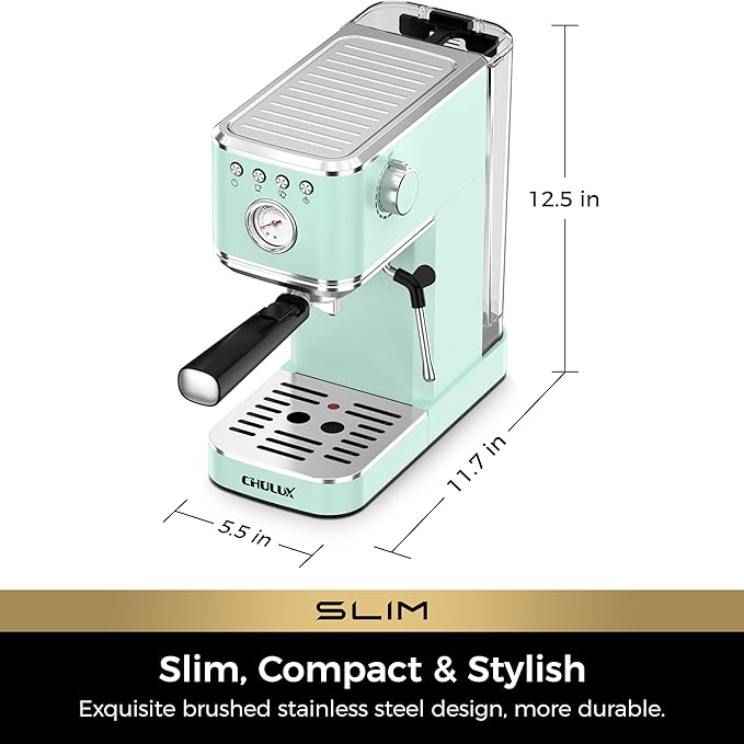 CHULUX Slim Espresso Machine with Milk Frother, 20 Bar Professional Italian Pump Espresso Coffee Machine for Home Cappuccino & Latte Maker, Stainless Steel, Pastel Green