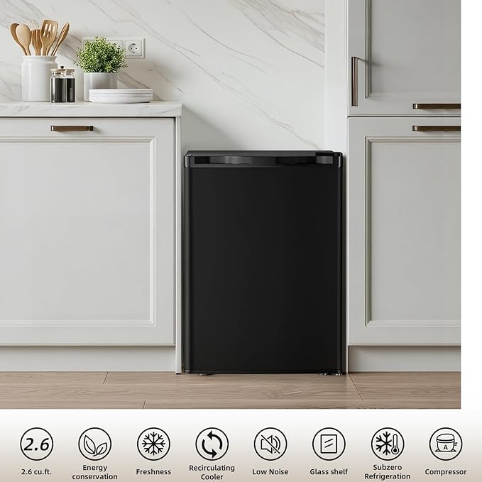Antarctic Star 2.6 Cu.Ft.Compact Refrigerator with Freezer, Mini Fridge Single Door with Adjustable Thermostat,Removable Glass Shelves for Apartment,Dorm,Office,Kitchen，BLACK