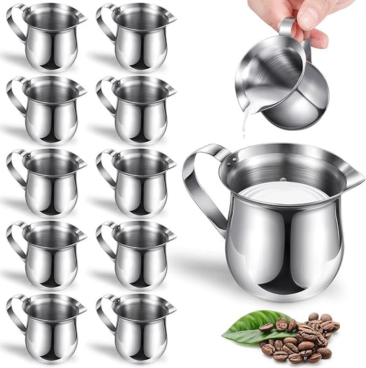 Potchen 12 Pack Stainless Steel Bell Creamers 3 Ounce Creamer Pitcher Mini Coffee Milk Pitchers with Handle and Pouring Spout Cups for Serving Espresso, Tea, Milk, Maple Syrup, Sauce